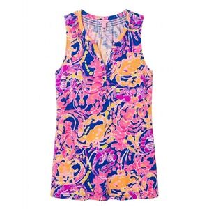 Lilly Pulitzer XL Pink Blue Floral Paisley Sleeveless V-Neck Tunic Top - CJ